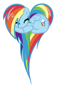Rainbow-maned pony curled into a heart shape