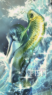 Mermaid and golden koi rise together in digital art