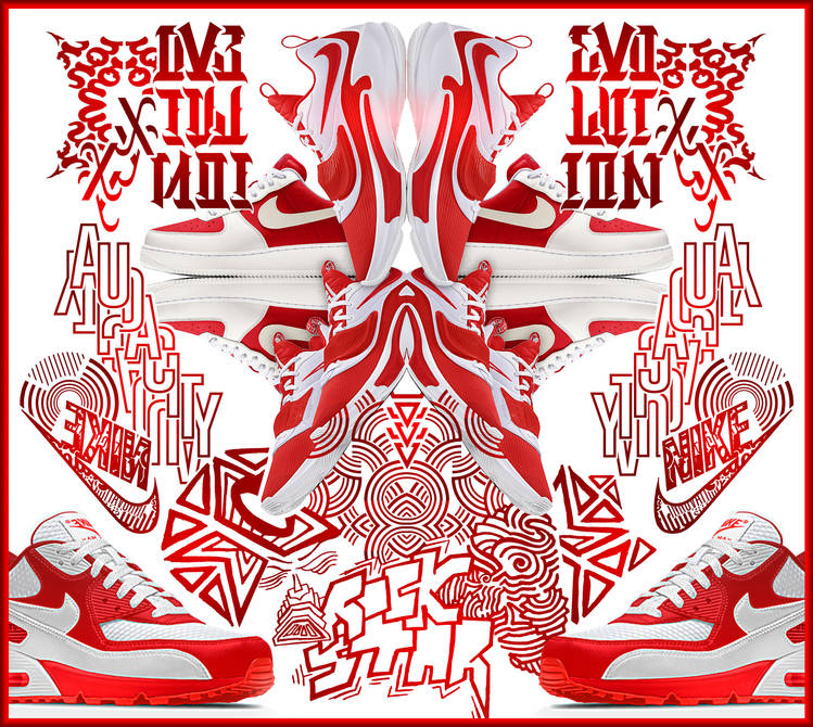 Symmetrical sneaker collage with bold red typographic art