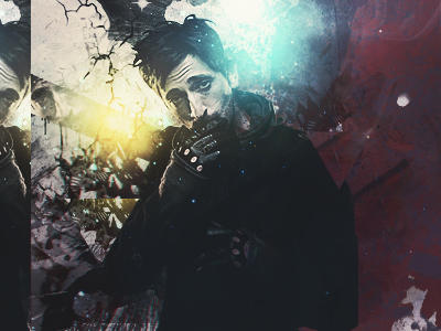 Moody grunge portrait with fractured glass and glow effects
