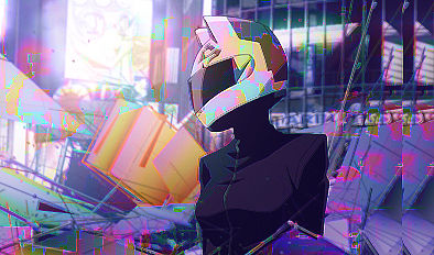 Glitchy cyberpunk figure in futuristic helmet, digital distortion aesthetic