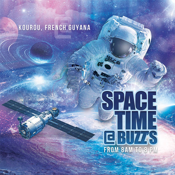 Astronaut floating above Earth for a space-themed event promo