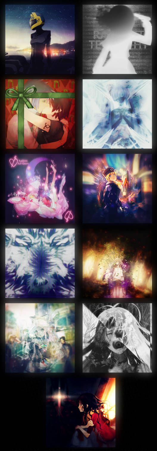 Grid of nostalgic early-2010s anime GFX compositions