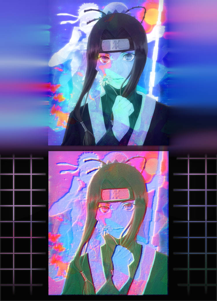 Vaporwave-glitch anime portrait, dual color variants side by side