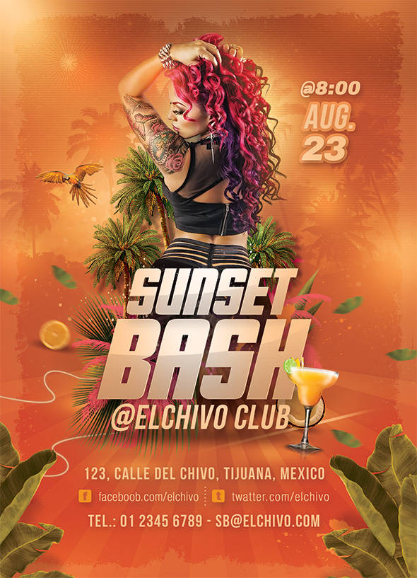 Tropical sunset party flyer with red-haired dancer