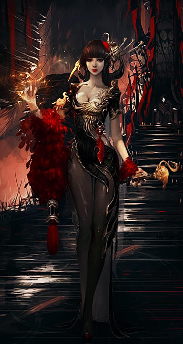 Dark fantasy digital art of a mysterious red-accented sorceress