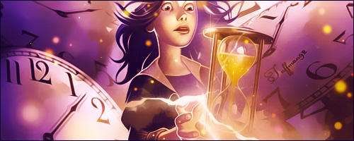 Woman with glowing hourglass amid swirling clock faces