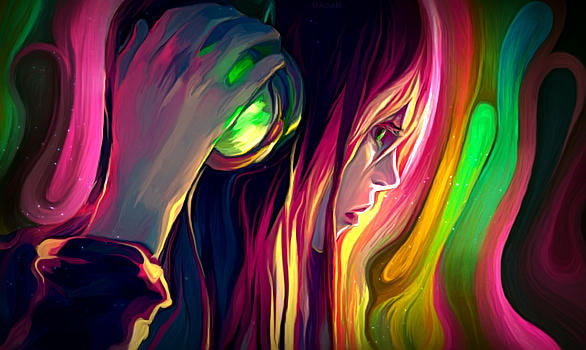 Vivid painted portrait swirling with neon color streaks