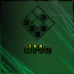 Green digital-grid logo with dice-pip design, dMe branding