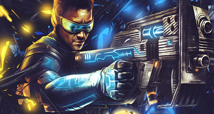 Futuristic soldier with glowing blue weapon, classic sci-fi GFX art