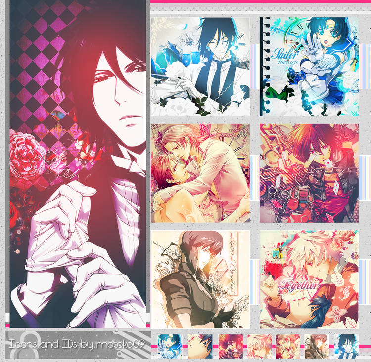 Anime GFX collage sheet with icons, IDs, and avatars