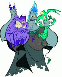 Disney villains trio artwork—Hades, Hook, and Ursula assembled