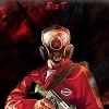 Gas-masked soldier avatar with gritty red battlefield glow