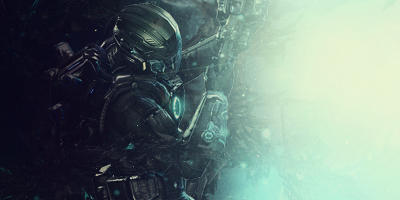 Futuristic armored figure emerging from digital mist