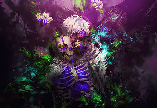 Ghostly skeleton figure amid glowing flowers and neon mist