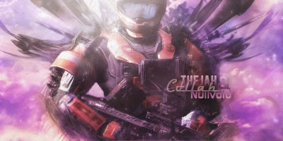 Armored soldier signature art with cosmic purple backdrop