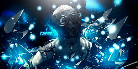 Cyborg GFX signature glowing blue amid shattered glass