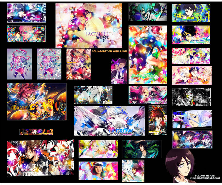 A vibrant collage showcasing colorful anime-style GFX artwork