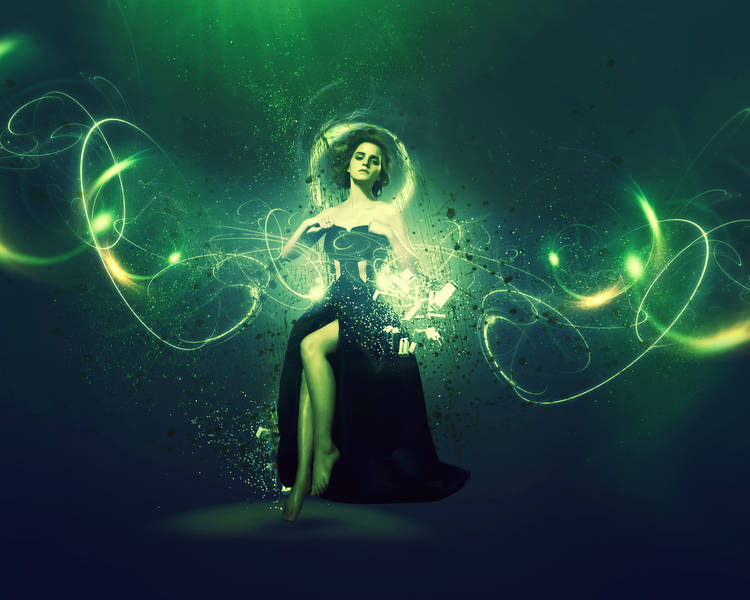 Ethereal green light GFX with floating woman in flowing gown