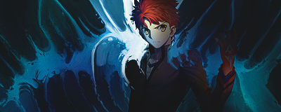 Fiery-haired anime hero emerges from swirling blue wings
