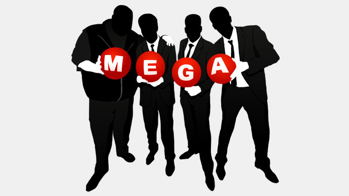 Suited silhouettes spelling out MEGA in red