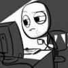 Bored meme-face avatar slouched at the computer desk