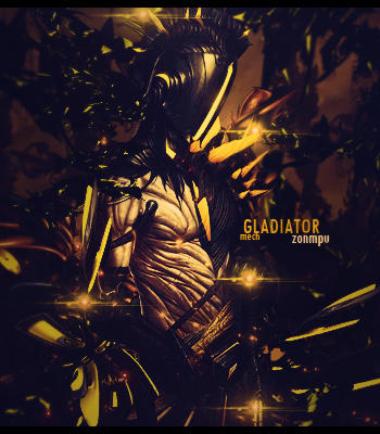Mech gladiator signature glowing with fiery gold sparks