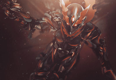 Fiery armored warrior emerging from smoke and light