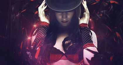 Mysterious hat girl GFX with red accents and neon glow