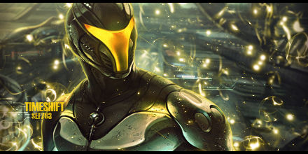 Glowing gold-visored warrior signature amid firefly-lit particles