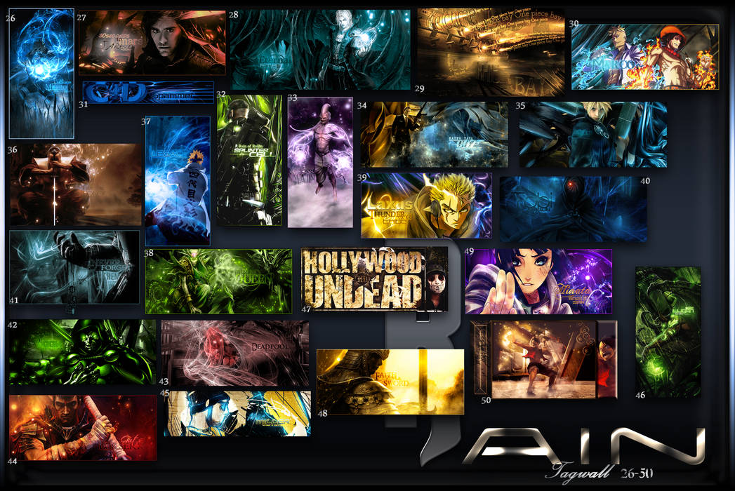 Tagwall collage of vibrant GFX signatures and character art