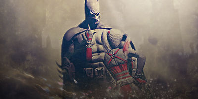 Batman-Kratos mashup GFX art, moody forum signature style