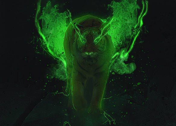 Glowing green tiger emerging from electric mist